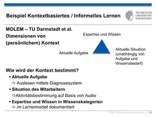 KOM – Multimedia Communications Lab 31
Beispiel Kontextbasiertes / Informelles Lernen
MOLEM – TU Darmstadt et al.
Dimensionen von
(persönlichem) Kontext
Wie wird der Kontext bestimmt?
 Aktuelle Aufgabe
 Auslesen mittels Diagnosesystem
 Situation des Mitarbeitern
Aktivitätsbestimmung auf Basis von Audio
 Expertise und Wissen in Wissenskategorien
 im Lernermodell dokumentiert
Aktuelle Situation
(unabhängig von
Aufgabe und
Wissensbedarf)
Expertise und Wissen
Aktuelle Aufgabe
 