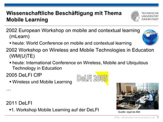 KOM – Multimedia Communications Lab 7
Wissenschaftliche Beschäftigung mit Thema
Mobile Learning
2002 European Workshop on mobile and contextual learning
(mLearn)
 heute: World Conference on mobile and contextual learning
2002 Workshop on Wireless and Mobile Technologies in Education
(WM(U)TE)
 heute: International Conference on Wireless, Mobile and Ubiquitous
Technology in Education
2005 DeLFI CfP
 Wireless und Mobile Learning
…
2011 DeLFI
1. Workshop Mobile Learning auf der DeLFI Quelle: eigenes Bild
 