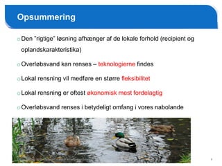 9
Opsummering
oDen ”rigtige” løsning afhænger af de lokale forhold (recipient og
oplandskarakteristika)
oOverløbsvand kan renses – teknologierne findes
oLokal rensning vil medføre en større fleksibilitet
oLokal rensning er oftest økonomisk mest fordelagtig
oOverløbsvand renses i betydeligt omfang i vores nabolande
Krüger Seminar 2017 – Sammen skaber vi en bæredygtig fremtid
 