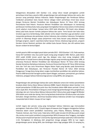 16
Sebagaimana ditunjukkan oleh Gambar 1.12, setiap tahun terjadi peningkatan jumlah
pemerkaya minat baca, peserta UKBI, pengembangan dan pelindungan bahasa dan sastra, dan
penutur asing pemelajar Bahasa Indonesia. Badan Pengembangan dan Pembinaan Bahasa
melakukan penyediaan buku bacaan literasi sebagai materi pemerkaya minat baca sesuai
dengan Peraturan Menteri Pendidikan dan Kebudayaan Nomor 23 Tahun 2015 tentang
Penumbuhan Budi Pekerti. Peraturan Menteri Pendidikan dan Kebudayaan ini mendorong
pembiasaan membaca buku-buku yang dapat meningkatkan literasi siswa selama 15 (lima belas)
menit sebelum mulai belajar. Sampai tahun 2019 telah dihasilkan 718 (tujuh ratus delapan
belas) judul buku bacaan nonteks pelajaran bahasa dan sastra. Tema bacaan dari buku-buku
tersebut juga terus berkembang, tidak sekedar cerita rakyat melainkan juga perubahan sosial
masyarakat perdesaan dan perkotaan, kuliner Indonesia, dan arsitektur Indonesia. Peningkatan
jumlah ini dibarengi dengan upaya penjaminan mutu buku bacaan yang dilakukan melalui
berbagai program, seperti: sayembara bahan bacaan literasi, lokakarya bagi penulis, program
Gerakan Literasi Nasional, penilaian dan validasi buku bacaan literasi, dan alih wahana buku
bacaan cetakan ke bentuk digital.
Jumlah peserta UKBI meningkat pesat dalam periode 2015 - 2019 (Gambar 1.12). Pada awalnya,
hanya 927 (sembilan ratus dua puluh tujuh) orang yang mengikuti UKBI. Namun, pada tahun
2019 sudah 63.802 (enam puluh tiga ribu delapan ratus dua) orang mengikuti UKBI.
Keberhasilan ini terjadi karena adanya berbagai regulasi yang mendukung pelaksanaan UKBI, di
antaranya Peraturan Menteri Pendidikan dan Kebudayaan Nomor 70 Tahun 2016 tentang
Standar Kemahiran Berbahasa Indonesia, Peraturan Pemerintah Nomor 82 Tahun 2016 tentang
Jenis dan Tarif atas Jenis Penerimaan Negara Bukan Pajak yang Berlaku pada Kementerian
Pendidikan dan Kebudayaan, dan Peraturan Presiden Nomor 20 Tahun 2018 tentang
Penggunaan Tenaga Kerja Asing dalam rangka memfasilitasi pendidikan dan pelatihan bahasa.
Peserta UKBI berasal dari beragam profesi seperti blogger, wartawan, penerjemah, guru bahasa
Indonesia, pengajar bahasa Indonesia bagi penutur asing (BIPA), dan pengacara.
Pengembangan dan pelindungan bahasa dan sastra dilakukan antara lain melalui penambahan
kosakata dalam Kamus Besar Bahasa Indonesia (KBBI). Seperti dilukiskan dalam Gambar 1.12,
terjadi penambahan 22.000 (dua puluh dua ribu) kosakata dalam KBBI dalam periode 5 (lima)
tahun sejak 2015. Penambahan ini berguna untuk mengiringi perkembangan ilmu pengetahuan,
teknologi, dan seni. Kamus Besar Bahasa Indonesia Edisi V diluncurkan pada tanggal 28 Oktober
2016 dalam versi cetak dan daring. Versi luring berbasis Android dan iOS diluncurkan satu bulan
kemudian. Dengan demikian, diseminasi kosakata bahasa Indonesia semakin luas menjangkau
masyarakat baik di dalam maupun di luar negeri.
Jumlah negara dan penutur asing yang mempelajari bahasa Indonesia juga menunjukkan
peningkatan. Pada tahun 2019, 7 (tujuh) negara di kawasan Asia Tenggara mengajarkan bahasa
Indonesia dalam sistem pendidikan nasionalnya, yaitu Filipina, Malaysia, Kamboja, Laos,
Thailand, Vietnam, dan Timor Leste. Pada tahun 2019 sudah tercatat 24.169 (dua puluh empat
ribu seratus enam puluh sembilan) orang pemelajar BIPA di kawasan Asia Tenggara, meningkat
24 (dua puluh empat) kali lipat dari 1.013 (seribu tiga belas) pemelajar pada tahun 2015 (Gambar
1.12). Peningkatan ini didukung oleh pengiriman tenaga pengajar BIPA ke luar negeri,
pengembangan portal daring BIPA, dan bimbingan teknis bagi pengajar BIPA. Di samping itu,
 
