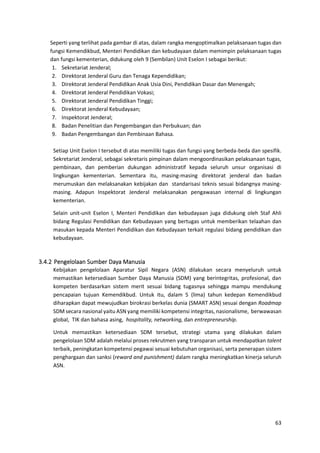 63
Seperti yang terlihat pada gambar di atas, dalam rangka mengoptimalkan pelaksanaan tugas dan
fungsi Kemendikbud, Menteri Pendidikan dan kebudayaan dalam memimpin pelaksanaan tugas
dan fungsi kementerian, didukung oleh 9 (Sembilan) Unit Eselon I sebagai berikut:
1. Sekretariat Jenderal;
2. Direktorat Jenderal Guru dan Tenaga Kependidikan;
3. Direktorat Jenderal Pendidikan Anak Usia Dini, Pendidikan Dasar dan Menengah;
4. Direktorat Jenderal Pendidikan Vokasi;
5. Direktorat Jenderal Pendidikan Tinggi;
6. Direktorat Jenderal Kebudayaan;
7. Inspektorat Jenderal;
8. Badan Penelitian dan Pengembangan dan Perbukuan; dan
9. Badan Pengembangan dan Pembinaan Bahasa.
Setiap Unit Eselon I tersebut di atas memiliki tugas dan fungsi yang berbeda-beda dan spesifik.
Sekretariat Jenderal, sebagai sekretaris pimpinan dalam mengoordinasikan pelaksanaan tugas,
pembinaan, dan pemberian dukungan administratif kepada seluruh unsur organisasi di
lingkungan kementerian. Sementara itu, masing-masing direktorat jenderal dan badan
merumuskan dan melaksanakan kebijakan dan standarisasi teknis sesuai bidangnya masing-
masing. Adapun Inspektorat Jenderal melaksanakan pengawasan internal di lingkungan
kementerian.
Selain unit-unit Eselon I, Menteri Pendidikan dan kebudayaan juga didukung oleh Staf Ahli
bidang Regulasi Pendidikan dan Kebudayaan yang bertugas untuk memberikan telaahan dan
masukan kepada Menteri Pendidikan dan Kebudayaan terkait regulasi bidang pendidikan dan
kebudayaan.
3.4.2 Pengelolaan Sumber Daya Manusia
Kebijakan pengelolaan Aparatur Sipil Negara (ASN) dilakukan secara menyeluruh untuk
memastikan ketersediaan Sumber Daya Manusia (SDM) yang berintegritas, profesional, dan
kompeten berdasarkan sistem merit sesuai bidang tugasnya sehingga mampu mendukung
pencapaian tujuan Kemendikbud. Untuk itu, dalam 5 (lima) tahun kedepan Kemendikbud
diharapkan dapat mewujudkan birokrasi berkelas dunia (SMART ASN) sesuai dengan Roadmap
SDM secara nasional yaitu ASN yang memiliki kompetensi integritas, nasionalisme, berwawasan
global, TIK dan bahasa asing, hospitality, networking, dan entrepreneurship.
Untuk memastikan ketersediaan SDM tersebut, strategi utama yang dilakukan dalam
pengelolaan SDM adalah melalui proses rekrutmen yang transparan untuk mendapatkan talent
terbaik, peningkatan kompetensi pegawai sesuai kebutuhan organisasi, serta penerapan sistem
penghargaan dan sanksi (reward and punishment) dalam rangka meningkatkan kinerja seluruh
ASN.
 