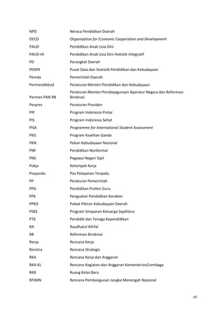 vii
NPD Neraca Pendidikan Daerah
OECD Organization for Economic Cooperation and Development
PAUD Pendidikan Anak Usia Dini
PAUD-HI Pendidikan Anak Usia Dini Holistik-Integratif
PD Perangkat Daerah
PDSPK Pusat Data dan Statistik Pendidikan dan Kebudayaan
Pemda Pemerintah Daerah
Permendikbud Peraturan Menteri Pendidikan dan Kebudayaan
Permen PAN RB
Peraturan Menteri Pendayagunaan Aparatur Negara dan Reformasi
Birokrasi
Perpres Peraturan Presiden
PIP Program Indonesia Pintar
PIS Program Indonesia Sehat
PISA Programme for International Student Assessment
PKG Program Keahlian Ganda
PKN Pekan Kebudayaan Nasional
PNF Pendidikan Nonformal
PNS Pegawai Negeri Sipil
Pokja Kelompok Kerja
Posyandu Pos Pelayanan Terpadu
PP Peraturan Pemerintah
PPG Pendidikan Profesi Guru
PPK Penguatan Pendidikan Karakter
PPKD Pokok Pikiran Kebudayaan Daerah
PSKS Program Simpanan Keluarga Sejahtera
PTK Pendidik dan Tenaga Kependidikan
RA Raudhatul Athfal
RB Reformasi Birokrasi
Renja Rencana Kerja
Renstra Rencana Strategis
RKA Rencana Kerja dan Anggaran
RKA-KL Rencana Kegiatan dan Anggaran Kementerian/Lembaga
RKB Ruang Kelas Baru
RPJMN Rencana Pembangunan Jangka Menengah Nasional
 