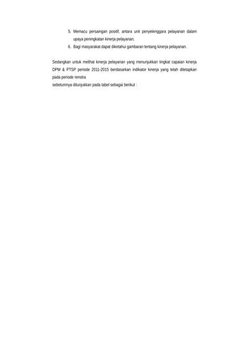5. Memacu persaingan positif, antara unit penyelenggara pelayanan dalam
upaya peningkatan kinerja pelayanan;
6. Bagi masyarakat dapat diketahui gambaran tentang kinerja pelayanan.
Sedangkan untuk melihat kinerja pelayanan yang menunjukkan tingkat capaian kinerja
DPM & PTSP periode 2011-2015 berdasarkan indikator kinerja yang telah ditetapkan
pada periode renstra
sebelumnya ditunjukkan pada tabel sebagai berikut :
 