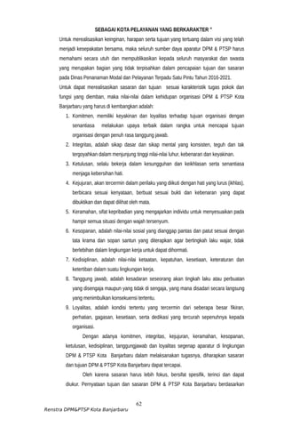 SEBAGAI KOTA PELAYANAN YANG BERKARAKTER ”
Untuk merealisasikan keinginan, harapan serta tujuan yang tertuang dalam visi yang telah
menjadi kesepakatan bersama, maka seluruh sumber daya aparatur DPM & PTSP harus
memahami secara utuh dan mempublikasikan kepada seluruh masyarakat dan swasta
yang merupakan bagian yang tidak terpisahkan dalam pencapaian tujuan dan sasaran
pada Dinas Penanaman Modal dan Pelayanan Terpadu Satu Pintu Tahun 2016-2021.
Untuk dapat merealisasikan sasaran dan tujuan sesuai karakteristik tugas pokok dan
fungsi yang diemban, maka nilai-nilai dalam kehidupan organisasi DPM & PTSP Kota
Banjarbaru yang harus di kembangkan adalah:
1. Komitmen, memiliki keyakinan dan loyalitas terhadap tujuan organisasi dengan
senantiasa melakukan upaya terbaik dalam rangka untuk mencapai tujuan
organisasi dengan penuh rasa tanggung jawab.
2. Integritas, adalah sikap dasar dan sikap mental yang konsisten, teguh dan tak
tergoyahkan dalam menjunjung tinggi nilai-nilai luhur, kebenaran dan keyakinan.
3. Ketulusan, selalu bekerja dalam kesungguhan dan keikhlasan serta senantiasa
menjaga kebersihan hati.
4. Kejujuran, akan tercermin dalam perilaku yang diikuti dengan hati yang lurus (ikhlas),
berbicara sesuai kenyataan, berbuat sesuai bukti dan kebenaran yang dapat
dibuktikan dan dapat dilihat oleh mata.
5. Keramahan, sifat kepribadian yang mengajarkan individu untuk menyesuaikan pada
hampir semua situasi dengan wajah tersenyum.
6. Kesopanan, adalah nilai-nilai sosial yang dianggap pantas dan patut sesuai dengan
tata krama dan sopan santun yang diterapkan agar bertingkah laku wajar, tidak
berlebihan dalam lingkungan kerja untuk dapat dihormati.
7. Kedisiplinan, adalah nilai-nilai ketaatan, kepatuhan, kesetiaan, keteraturan dan
ketertiban dalam suatu lingkungan kerja.
8. Tanggung jawab, adalah kesadaran seseorang akan tingkah laku atau perbuatan
yang disengaja maupun yang tidak di sengaja, yang mana disadari secara langsung
yang menimbulkan konsekuensi tertentu.
9. Loyalitas, adalah kondisi tertentu yang tercermin dari seberapa besar fikiran,
perhatian, gagasan, kesetiaan, serta dedikasi yang tercurah sepenuhnya kepada
organisasi.
Dengan adanya komitmen, integritas, kejujuran, keramahan, kesopanan,
ketulusan, kedisiplinan, tanggungjawab dan loyalitas segenap aparatur di lingkungan
DPM & PTSP Kota Banjarbaru dalam melaksanakan tugasnya, diharapkan sasaran
dan tujuan DPM & PTSP Kota Banjarbaru dapat tercapai.
Oleh karena sasaran harus lebih fokus, bersifat spesifik, terinci dan dapat
diukur. Pernyataan tujuan dan sasaran DPM & PTSP Kota Banjarbaru berdasarkan
62
Renstra DPM&PTSP Kota Banjarbaru
 