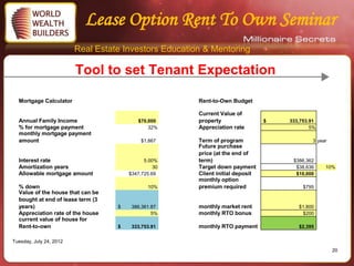 Lease Option Rent To Own Seminar
                         Real Estate Investors Education & Mentoring

                         Tool to set Tenant Expectation

  Mortgage Calculator                                  Rent-to-Own Budget

                                                       Current Value of
  Annual Family Income                    $70,000      property                 $   333,753.91
  % for mortgage payment                      32%      Appreciation rate                    5%
  monthly mortgage payment
  amount                                    $1,867     Term of program                      3 year
                                                       Future purchase
                                                       price (at the end of
  Interest rate                              5.00%     term)                         $386,362
  Amortization years                             30    Target down payment            $38,636    10%
  Allowable mortgage amount            $347,725.69     Client initial deposit         $10,000
                                                       monthly option
  % down                                      10%      premium required                  $795
  Value of the house that can be
  bought at end of lease term (3
  years)                           $    386,361.87     monthly market rent             $1,800
  Appreciation rate of the house                5%     monthly RTO bonus                 $200
  current value of house for
  Rent-to-own                      $    333,753.91     monthly RTO payment             $2,395


Tuesday, July 24, 2012
                                                                                                     20
 