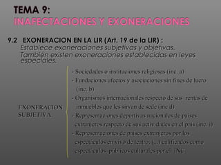 9.2 EXONERACION9.2 EXONERACION EN LA LIR (Art. 19 de la LIR)EN LA LIR (Art. 19 de la LIR) ::
Establece exoneraciones subjetivas y objetivas.Establece exoneraciones subjetivas y objetivas.
También existen exoneraciones establecidas en leyesTambién existen exoneraciones establecidas en leyes
especiales.especiales.
EXONERACIONEXONERACION
SUBJETIVASUBJETIVA
- Sociedades o instituciones religiosas (inc. a)- Sociedades o instituciones religiosas (inc. a)
- Fundaciones afectos y asociaciones sin fines de lucro- Fundaciones afectos y asociaciones sin fines de lucro
(inc. b)(inc. b)
- Organismos internacionales respecto de sus rentas de- Organismos internacionales respecto de sus rentas de
inmuebles que les sirvan de sede (inc d)inmuebles que les sirvan de sede (inc d)
- Representaciones deportivas nacionales de países- Representaciones deportivas nacionales de países
extranjeros respecto de sus actividades en el país (inc. i)extranjeros respecto de sus actividades en el país (inc. i)
- Representaciones de países extranjeros por los- Representaciones de países extranjeros por los
espectáculos en vivo de teatro, (...) calificados comoespectáculos en vivo de teatro, (...) calificados como
espectáculos públicos culturales por el INCespectáculos públicos culturales por el INC
 