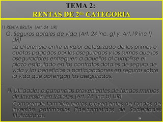 1)1) RENTA BRUTARENTA BRUTA (Art. 24 LIR)(Art. 24 LIR)
G.G. Seguros dotales de vidaSeguros dotales de vida (Art. 24 inc. g) y Art.19 inc f)(Art. 24 inc. g) y Art.19 inc f)
LIR)LIR)
La diferencia entre el valor actualizado de las primas oLa diferencia entre el valor actualizado de las primas o
cuotas pagados por los asegurados y las sumas que loscuotas pagados por los asegurados y las sumas que los
aseguradores entreguen a aquellos al cumplirse elaseguradores entreguen a aquellos al cumplirse el
plazo estipulado en los contratos dotales de seguro deplazo estipulado en los contratos dotales de seguro de
vida y los beneficios o participaciones en seguros sobrevida y los beneficios o participaciones en seguros sobre
la vida que obtengan los asegurados.la vida que obtengan los asegurados.
..
H.H. Utilidades o ganancias provenientes de fondos mutuosUtilidades o ganancias provenientes de fondos mutuos
de Inversión en Valoresde Inversión en Valores (Art. 24 inc b) LIR)(Art. 24 inc b) LIR)
Comprende también rentas provenientes de fondos deComprende también rentas provenientes de fondos de
inversión patrimonios Fideicometidos de Sociedadesinversión patrimonios Fideicometidos de Sociedades
Titulizadoras.Titulizadoras. 54
TEMA 2:TEMA 2:
RENTAS DE 2RENTAS DE 2dada
CATEGORIACATEGORIA
 