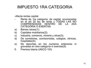 12
IMPUESTO 1RA CATEGORIA
-Afecta rentas capital
- Renta de 1ra categoria: de capital, enumeradas
en el art 20 ley de renta y TODAS LAS NO
COMPRENDIDAS DENTRO DE LA 2DA
CATEGORIA O EXENTAS
a) Bienes raices(1);
b) Capitales mobiliarios(2);
c) Industria, comercio, mineria y otras(3);
d) De corredores, comisionistas, colegios, clinicas,
hospitales(4);
e) No descritas en los numeros anteriores ni
gravadas en otra categoria ni exentas(5)
f) Premios loteria UNICO 15%
 
