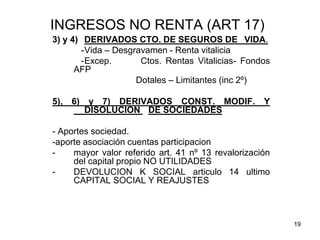 19
INGRESOS NO RENTA (ART 17)
3) y 4) DERIVADOS CTO. DE SEGUROS DE VIDA.
-Vida – Desgravamen - Renta vitalicia
-Excep. Ctos. Rentas Vitalicias- Fondos
AFP
Dotales – Limitantes (inc 2º)
5), 6) y 7) DERIVADOS CONST. MODIF. Y
DISOLUCION DE SOCIEDADES
- Aportes sociedad.
-aporte asociación cuentas participacion
- mayor valor referido art. 41 nº 13 revalorización
del capital propio NO UTILIDADES
- DEVOLUCION K SOCIAL articulo 14 ultimo
CAPITAL SOCIAL Y REAJUSTES
 