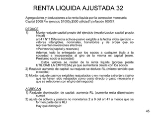 45
RENTA LIQUIDA AJUSTADA 32
Agregaciones y deducciones a la renta liquida por la correccion monetaria
Capital $500 Fin ejercicio $1000¿$500 utilidad?¿inflación 100%?
DEDUCE
1) Monto reajuste capital propio del ejercicio (revalorizacion capital propio
inicial)
art 41 N°1 Diferencia activos-pasivo exigible a la fecha inicio ejercicio –
valores intangibles, nominales, transitorios y de orden que no
representen inversiones efectivas
=Patrimonio(capital y reservas)
Ademas todo lo entregado por los socios a cualquier titulo a la
sociedad e incorporados al giro de la misma es capital (ejem.
Prestamo socio a sociedad)
Estos valores se restan de la renta liquida (porque pierde
UTILIDAD LA EMPRESA) ya que aumenta la deuda con los socios
2) Reajuste aumento de capital: su reajuste se deduce RL (mismo sentido que
el capital)
3) Monto reajuste pasivos exigibles reajustados o en moneda extranjera (salvo
que ya hayan sido rebajados como costo directo o gasto necesario y
que se relacionen con el giro del negocio)
AGREGAN
1) Reajuste disminución de capital: aumenta RL (aumenta resta disminucion
suma)
2) ajuste de activos y pasivos no monetarios 2 a 9 del art 41 a menos que ya
formen parte de la RLI
Hay que distinguir:
 