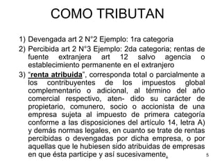 5
COMO TRIBUTAN
1) Devengada art 2 N°2 Ejemplo: 1ra categoria
2) Percibida art 2 N°3 Ejemplo: 2da categoria; rentas de
fuente extranjera art 12 salvo agencia o
establecimiento permanente en el extranjero
3) “renta atribuida”, corresponda total o parcialmente a
los contribuyentes de los impuestos global
complementario o adicional, al término del año
comercial respectivo, aten- dido su carácter de
propietario, comunero, socio o accionista de una
empresa sujeta al impuesto de primera categoría
conforme a las disposiciones del artículo 14, letra A)
y demás normas legales, en cuanto se trate de rentas
percibidas o devengadas por dicha empresa, o por
aquellas que le hubiesen sido atribuidas de empresas
en que ésta participe y así sucesivamente.
 