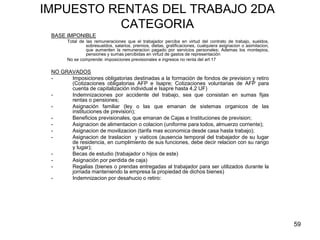 59
IMPUESTO RENTAS DEL TRABAJO 2DA
CATEGORIA
BASE IMPONIBLE
Total de las remuneraciones que el trabajador perciba en virtud del contrato de trabajo, sueldos,
sobresueldos, salarios, premios, dietas, gratificaciones, cualquiera asignacion o asimilacion,
que aumenten la remuneracion pagado por servicios personales; Ademas los montepios,
pensiones y sumas percibidas en virtud de gastos de representación
No se comprende: imposiciones previsionales e ingresos no renta del art 17
NO GRAVADOS
- Imposiciones obligatorias destinadas a la formación de fondos de prevision y retiro
(Cotizaciones obligatorias AFP e Isapre; Cotizaciones voluntarias de AFP para
cuenta de capitalización individual e Isapre hasta 4,2 UF)
- Indemnizaciones por accidente del trabajo, sea que consistan en sumas fijas
rentas o pensiones;
- Asignación familiar (ley o las que emanan de sistemas organicos de las
instituciones de prevision);
- Beneficios previsionales, que emanan de Cajas e Instituciones de prevision;
- Asignacion de alimentacion o colacion (uniforme para todos, almuerzo corriente);
- Asignacion de movilizacion (tarifa mas economica desde casa hasta trabajo);
- Asignacion de traslacion y viaticos (ausencia temporal del trabajador de su lugar
de residencia, en cumplimiento de sus funciones, debe decir relacion con su rango
y lugar);
- Becas de estudio (trabajador o hijos de este)
- Asignación por perdida de caja)
- Regalias (bienes o prendas entregadas al trabajador para ser utilizados durante la
jornada manteniendo la empresa la propiedad de dichos bienes)
- Indemnizacion por desahucio o retiro:
 