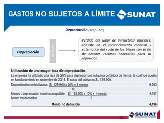 ACTIVODepreciación
Pérdida del valor de inmuebles/ muebles;
consiste en el reconocimiento racional y
sistemático del costo de los bienes con el fin
de obtener recursos necesarios para su
reposición.
Depreciación (37º,f – 22°)
11
Utilización de una mayor tasa de depreciación.
La empresa ha utilizado una tasa de 20% para depreciar una máquina cortadora de fierros, la cual fue puesta
en funcionamiento en setiembre de 2014. El costo del activo es S/. 125,900.
Depreciación contabilizada: S/. 125,900 x 20% x 4 meses 8,393
12
Menos : depreciación máxima aceptable S/. 125,900 x 10% x 4meses 4,197
Monto no deducible 12
Monto no deducible 4,196
GASTOS NO SUJETOS A LÍMITE
 