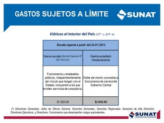 Viáticos al Interior del País (37°- r; 21º- n)
(*) Directores Generales, Jefes de Oficina General, Gerentes Generales, Gerentes Regionales, Asesores de Alta Dirección,
Directores Ejecutivos, y Directores, Funcionarios que desempeñan cargos equivalentes.
GASTOS SUJETOS A LÍMITE
 