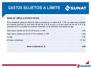 Gastos por viáticos en el interior del país
Se ha contabilizado gastos por viáticos de viajes a provincias por un importe de S/. 11,780. Los viajes fueron realizados
por el gerente comercial a la zona centro del país del 16 al 20 de junio y a la zona oriente del país del 12 al 15 de
noviembre del 2014. Los gastos se encuentran sustentados con los respectivos comprobantes de pago.
Gasto máximo aceptado por día (16 al 20 de junio) 5 x 640 3,200
Gasto máximo aceptado por día (12 al 15 de noviembre) 4 x 640 2,560
(A) Total 5,760
(B) Gastos contabilizados (11,780)
Monto no deducible (B - A) 6,020
GASTOS SUJETOS A LÍMITE
 