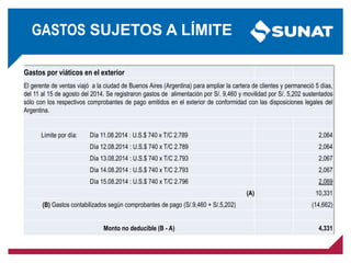 Gastos por viáticos en el exterior
El gerente de ventas viajó a la ciudad de Buenos Aires (Argentina) para ampliar la cartera de clientes y permaneció 5 días,
del 11 al 15 de agosto del 2014. Se registraron gastos de alimentación por S/. 9,460 y movilidad por S/. 5,202 sustentados
sólo con los respectivos comprobantes de pago emitidos en el exterior de conformidad con las disposiciones legales del
Argentina.
Límite por día: Día 11.08.2014 : U.S.$ 740 x T/C 2.789 2,064
Día 12.08.2014 : U.S.$ 740 x T/C 2.789 2,064
Día 13.08.2014 : U.S.$ 740 x T/C 2.793 2,067
Día 14.08.2014 : U.S.$ 740 x T/C 2.793 2,067
Día 15.08.2014 : U.S.$ 740 x T/C 2.796 2,069
(A) 10,331
(B) Gastos contabilizados según comprobantes de pago (S/.9,460 + S/.5,202) (14,662)
Monto no deducible (B - A) 4,331
GASTOS SUJETOS A LÍMITE
 