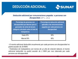 Deducción adicional por remuneraciones pagadas a personas con
discapacidad. (37°-z ; 21-x)
- El monto adicional deducible anualmente por cada persona con discapacidad no
podrá exceder de 24 RMV.
- Tratándose de trabajadores con menos de un año de relación laboral, el monto
adicional deducible no podrá exceder de 2 RMV por mes laborado por cada
persona con discapacidad.
43
DEDUCCIÓN ADICIONAL
Porcentaje de personas con
discapacidad que laboran para el
generador de renta de tercera
categoría calculado sobre el total de
trabajadores
Porcentaje de deducción adicional
aplicable a las remuneraciones
pagadas por cada persona con
discapacidad
Hasta 30% 50%
Más de 30% 80%
 