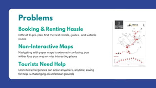 Problems
Non-Interactive Maps
Navigating with paper maps is extremely confusing; you
wither lose your way or miss interest...