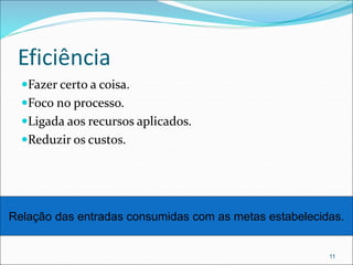 Eficiência
Fazer certo a coisa.
Foco no processo.
Ligada aos recursos aplicados.
Reduzir os custos.
11
Relação das entradas consumidas com as metas estabelecidas.
 