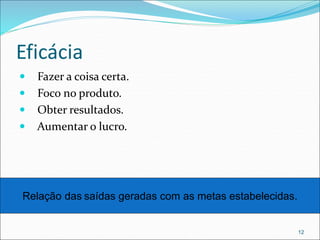 Eficácia
 Fazer a coisa certa.
 Foco no produto.
 Obter resultados.
 Aumentar o lucro.
12
Relação das saídas geradas com as metas estabelecidas.
 