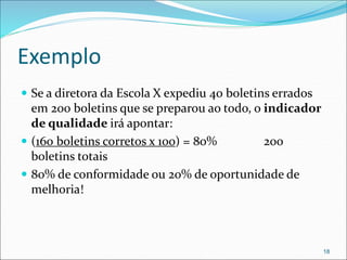 Exemplo
 Se a diretora da Escola X expediu 40 boletins errados
em 200 boletins que se preparou ao todo, o indicador
de qualidade irá apontar:
 (160 boletins corretos x 100) = 80% 200
boletins totais
 80% de conformidade ou 20% de oportunidade de
melhoria!
18
 