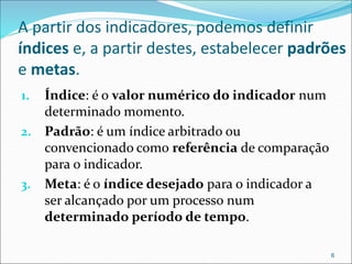 A partir dos indicadores, podemos definir
índices e, a partir destes, estabelecer padrões
e metas.
1. Índice: é o valor numérico do indicador num
determinado momento.
2. Padrão: é um índice arbitrado ou
convencionado como referência de comparação
para o indicador.
3. Meta: é o índice desejado para o indicador a
ser alcançado por um processo num
determinado período de tempo.
6
 