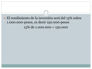  El rendimiento de la inversión será del 15% sobre
1.000.000-pesos, es decir 150.000-pesos
15% de 1.000.000 = 150.000
 