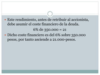  Este rendimiento, antes de retribuir al accionista,
debe asumir el coste financiero de la deuda.
6% de 350.000 = 21
 Dicho coste financiero es del 6% sobre 350.000
pesos, por tanto asciende a 21.000-pesos.
 
