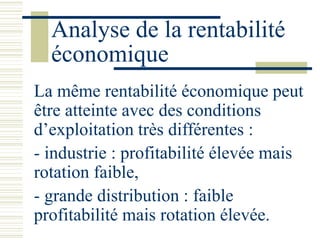 Analyse de la rentabilité
économique
La même rentabilité économique peut
être atteinte avec des conditions
d’exploitation ...