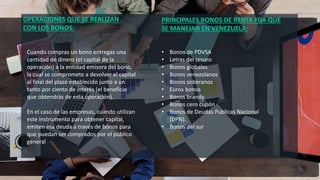 OPERACIONES QUE SE REALIZAN
CON LOS BONOS:
PRINCIPALES BONOS DE RENTA FIJA QUE
SE MANEJAN EN VENEZUELA:
Cuando compras un bono entregas una
cantidad de dinero (el capital de la
operación) a la entidad emisora del bono,
la cual se compromete a devolver el capital
al final del plazo establecido junto a un
tanto por ciento de interés (el beneficio
que obtendrás de esta operación).
En el caso de las empresas, cuando utilizan
este instrumento para obtener capital,
emiten esa deuda a través de bonos para
que puedan ser comprados por el público
general.
• Bonos de PDVSA
• Letras del tesoro
• Bonos globales
• Bonos venezolanos
• Bonos soberanos
• Euros bonos
• Bonos brandy
• Bonos cero cupón
• Bonos de Deudas Publicas Nacional
(DPN).
• Bonos del sur
 