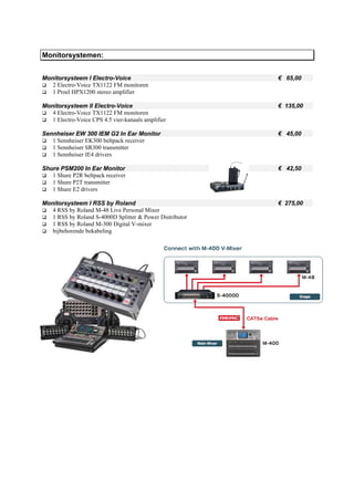 Monitorsystemen:


Monitorsysteem I Electro-Voice                            € 65,00
   2 Electro-Voice TX1122 FM monitoren
   1 Proel HPX1200 stereo amplifier

Monitorsysteem II Electro-Voice                           € 135,00
   4 Electro-Voice TX1122 FM monitoren
   1 Electro-Voice CPS 4.5 vier-kanaals amplifier

Sennheiser EW 300 IEM G2 In Ear Monitor                   € 45,00
   1 Sennheiser EK300 beltpack receiver
   1 Sennheiser SR300 transmitter
   1 Sennheiser IE4 drivers

Shure PSM200 In Ear Monitor                               € 42,50
   1 Shure P2R beltpack receiver
   1 Shure P2T transmitter
   1 Shure E2 drivers

Monitorsysteem I RSS by Roland                            € 275,00
   4 RSS by Roland M-48 Live Personal Mixer
   1 RSS by Roland S-4000D Splitter & Power Distributor
   1 RSS by Roland M-300 Digital V-mixer
   bijbehorende bekabeling
 