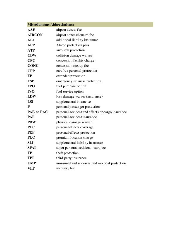Rental car abbreviations