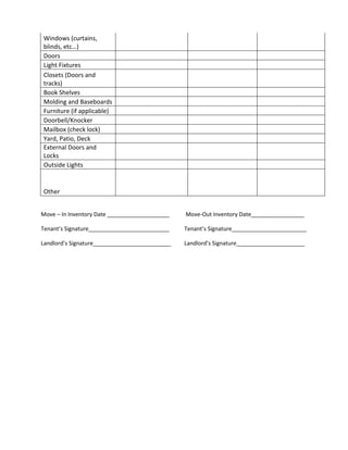 Tenant Inspection Worksheet.pdf Rental inspection checklist | PDF