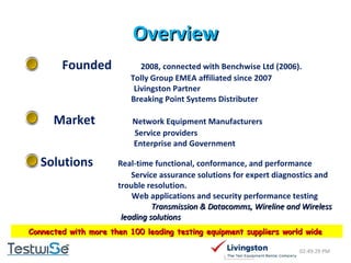 Overview Founded   2008, connected with Benchwise Ltd (2006).  Tolly Group EMEA affiliated since 2007  Livingston Partner  Breaking Point Systems Distributer  Market  Network Equipment Manufacturers   Service providers   Enterprise and Government  Solutions  Real-time functional, conformance, and performance  Service assurance solutions for expert diagnostics and    trouble resolution.    Web applications and security performance testing    Transmission & Datacomms, Wireline and Wireless   leading solutions  Connected with more then 100 leading testing equipment suppliers world wide  02:49:09 PM 