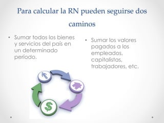 Para  calcular  la  RN  pueden  seguirse  dos  
caminos	
•  Sumar los valores
pagados a los
empleados,
capitalistas,
trabajadores, etc.
•  Sumar todos los bienes
y servicios del país en
un determinado
período.
 