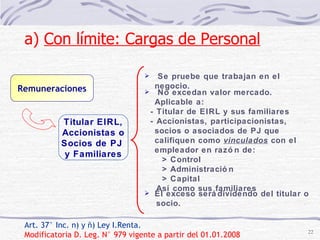 Titular EIRL, Accionistas o Socios de PJ  y Familiares Art. 37° Inc. n) y ñ) Ley I.Renta. Modificatoria D. Leg. N° 979 vigente a partir del 01.01.2008 Se pruebe que trabajan en el negocio. a)  Con límite: Cargas de Personal   Remuneraciones No excedan valor mercado. Aplicable a: - Titular de EIRL y sus familiares - Accionistas, participacionistas, socios o asociados de PJ que califiquen como  vinculados  con el empleador en razón de: > Control > Administración > Capital  Así como sus familiares El exceso será dividendo del titular o socio. 