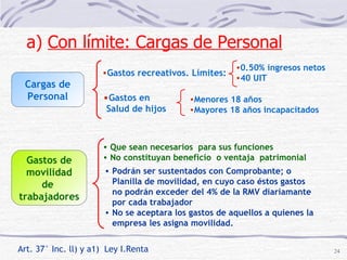 Cargas de Personal Gastos recreativos. Límites: Art. 37° Inc. ll) y a1)  Ley I.Renta  Menores 18 años Mayores 18 años incapacitados a)  Con límite: Cargas de Personal   Que sean necesarios  para sus funciones No constituyan beneficio  o ventaja  patrimonial Podrán ser sustentados con Comprobante; o Planilla de movilidad, en cuyo caso éstos gastos no podrán exceder del 4% de la RMV diariamante por cada trabajador  No se aceptara los gastos de aquellos a quienes la empresa les asigna movilidad. Gastos en Salud de hijos Gastos de movilidad  de  trabajadores 0.50% ingresos netos 40 UIT 