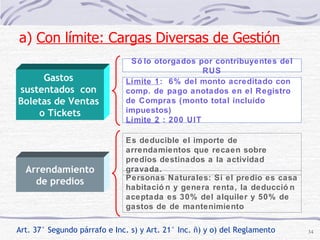 Límite 1 :  6% del monto acreditado con comp. de pago anotados en el Registro de Compras (monto total incluido impuestos) Límite 2  : 200 UIT Sólo otorgados por contribuyentes del RUS Gastos  sustentados  con  Boletas de Ventas  o Tickets Art. 37° Segundo párrafo e Inc. s) y Art. 21° Inc. ñ) y o) del Reglamento a)  Con límite: Cargas Diversas de Gestión   Arrendamiento de predios Es deducible el importe de arrendamientos que recaen sobre predios destinados a la actividad gravada. Personas Naturales: Si el predio es casa habitación y genera renta, la deducción aceptada es 30% del alquiler y 50% de gastos de de mantenimiento 