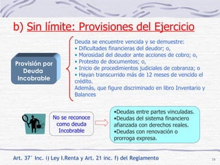 Provisión por Deuda  Incobrable Art. 37° Inc. i) Ley I.Renta y Art. 21 inc. f) del Reglamento Deuda se encuentre vencida y se demuestre: Dificultades financieras del deudor; o, Morosidad del deudor ante acciones de cobro; o, Protesto de documentos; o,  Inicio de procedimientos judiciales de cobranza; o Hayan transcurrido más de 12 meses de vencido el crédito. Además, que figure discriminado en libro Inventario y Balances No se reconoce como deuda Incobrable Deudas entre partes vinculadas. Deudas del sistema financiero afianzada con derechos reales. Deudas con renovación o prorroga expresa. b)  Sin límite: Provisiones del Ejercicio   