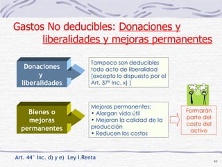 Donaciones y  liberalidades Tampoco son deducibles todo acto de liberalidad [excepto lo dispuesto por el Art. 37° Inc. x) ] Art. 44° Inc. d) y e)  Ley I.Renta   Bienes o mejoras permanentes Mejoras permanentes: Alargan vida útil  Mejoran la calidad de la producción Reducen los costos Formarán parte del costo del activo Gastos No deducibles:  Donaciones y   liberalidades y mejoras permanentes 