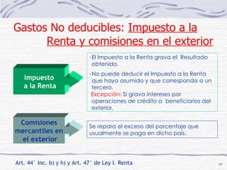 Art. 44° Inc. b) y h) y Art. 47° de Ley I. Renta Se repara el exceso del porcentaje que usualmente se paga en dicho país. El Impuesto a la Renta grava el  Resultado obtenido. No puede deducir el Impuesto a la Renta que haya asumido y que corresponda a un tercero. Excepción:   Si grava intereses por operaciones de crédito a  beneficiarios del exterior. Gastos No deducibles:  Impuesto a la   Renta y comisiones en el exterior Impuesto a la Renta Comisiones mercantiles en el exterior 