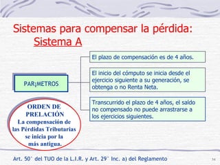 Art. 50° del TUO de la L.I.R. y Art. 29° Inc. a) del Reglamento PARÁMETROS El plazo de compensación es de 4 años. El inicio del cómputo se inicia desde el  ejercicio siguiente a su generación, se obtenga o no Renta Neta. Transcurrido el plazo de 4 años, el saldo  no compensado no puede arrastrarse a  los ejercicios siguientes. ORDEN DE  PRELACIÓN La compensación de  las Pérdidas Tributarias  se inicia por la  más antigua. Sistemas para compensar la pérdida:  Sistema A 