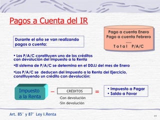 Art. 85° y 87° Ley I.Renta  Durante el año se van realizando pagos a cuenta: Pago a cuenta Enero Pago a cuenta Febrero ..... T o t a l  P/A/C Impuesto a Pagar Saldo a Favor Pagos a Cuenta del IR Los P/A/C constituyen uno de los créditos con devolución del Impuesto a la Renta Los P/A/C se  deducen del Impuesto a la Renta del Ejercicio, constituyendo un crédito con devolución: Impuesto  a la Renta CRÉDITOS = _ El sistema de P/A/C se determina en el DDJJ del mes de Enero Con devolución  Sin devolución 