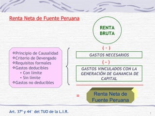 Art. 37º y 44° del TUO de la L.I.R. RENTA BRUTA ( - ) GASTOS NECESARIOS ( - ) GASTOS VINCULADOS CON LA GENERACIÓN DE GANANCIA DE CAPITAL   Renta Neta de Fuente Peruana Renta Neta de Fuente Peruana = Principio de Causalidad Criterio de Devengado Requisitos formales Gastos deducibles  Con límite Sin límite Gastos no deducibles 