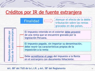 Art. 88º del TUO de la L.I.R. y Art. 58º del Reglamento Finalidad Atenuar el efecto de la doble tributación sobre las rentas gravadas en dos países.  Requisitos del crédito por  rentas de fuente extranjera El impuesto retenido en el exterior  debe provenir   de una renta que se encuentre gravada por la legislación Peruana. El impuesto pagado, sin importar su denominación,  debe reunir las características propias de la imposición a la renta Debe  acreditarse el pago  del Impuesto a la Renta  en el extranjero con documento fehaciente. Créditos por IR de fuente extranjera 