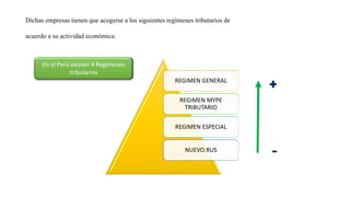 Dichas empresas tienen que acogerse a los siguientes regímenes tributarios de
acuerdo a su actividad económica:
REGIMEN GENERAL
REGIMEN MYPE
TRIBUTARIO
REGIMEN ESPECIAL
NUEVO RUS
En el Perú existen 4 Regímenes
tributarios
 