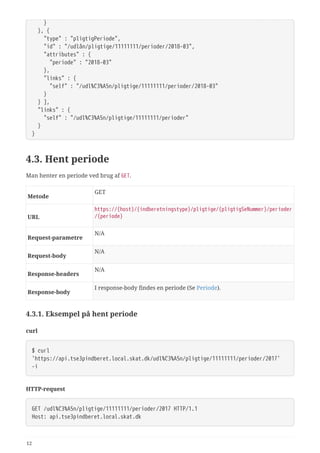   }
  }, {
  "type" : "pligtigPeriode",
  "id" : "/udlån/pligtige/11111111/perioder/2018-03",
  "attributes" : {
  "periode" : "2018-03"
  },
  "links" : {
  "self" : "/udl%C3%A5n/pligtige/11111111/perioder/2018-03"
  }
  } ],
  "links" : {
  "self" : "/udl%C3%A5n/pligtige/11111111/perioder"
  }
}
4.3. Hent periode
Man henter en periode ved brug af GET.
Metode
GET
URL
https://{host}/{indberetningstype}/pligtige/{pligtigSeNummer}/perioder
/{periode}
Request‑parametre
N/A
Request‑body
N/A
Response‑headers
N/A
Response‑body
I response-body findes en periode (Se Periode).
4.3.1. Eksempel på hent periode
curl
$ curl
'https://api.tse3pindberet.local.skat.dk/udl%C3%A5n/pligtige/11111111/perioder/2017'
-i
HTTP-request
GET /udl%C3%A5n/pligtige/11111111/perioder/2017 HTTP/1.1
Host: api.tse3pindberet.local.skat.dk
12
 