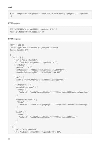 curl
$ curl 'https://api.tse3pindberet.local.skat.dk/udl%C3%A5n/pligtige/11111111/perioder'
-i
HTTP-request
GET /udl%C3%A5n/pligtige/11111111/perioder HTTP/1.1
Host: api.tse3pindberet.local.skat.dk
HTTP-respons
HTTP/1.1 200 OK
Content-Type: application/vnd.api+json;charset=utf-8
Content-Length: 3709
{
  "data" : [ {
  "type" : "pligtigPeriode",
  "id" : "/udlån/pligtige/11111111/perioder/2017",
  "attributes" : {
  "periode" : "2017",
  "xmlNamespace" : "https://skat.dk/ekapital/2017/01/01",
  "åbnetForIndleveringTid" : "2017-12-30T23:00:00Z"
  },
  "links" : {
  "self" : "/udl%C3%A5n/pligtige/11111111/perioder/2017"
  },
  "relationships" : {
  "masseindleveringer" : {
  "links" : {
  "related" : "/udl%C3%A5n/pligtige/11111111/perioder/2017/masseindleveringer"
  }
  },
  "massevalideringer" : {
  "links" : {
  "related" : "/udl%C3%A5n/pligtige/11111111/perioder/2017/massevalideringer"
  }
  },
  "konti" : {
  "links" : {
  "related" : "/udl%C3%A5n/pligtige/11111111/perioder/2017/konti"
  }
  }
  }
  }, {
  "type" : "pligtigPeriode",
  "id" : "/udlån/pligtige/11111111/perioder/2017-03",
14
 
