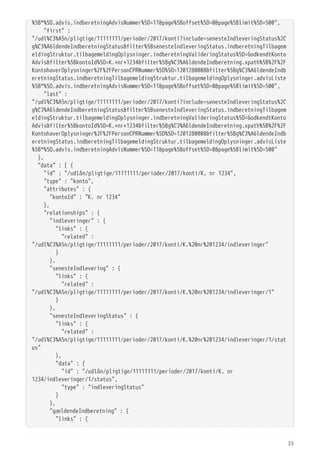 %5B*%5D.advis.indberetningAdvisNummer%5D=11&page%5Boffset%5D=0&page%5Blimit%5D=500",
  "first" :
"/udl%C3%A5n/pligtige/11111111/perioder/2017/konti?include=senesteIndleveringStatus%2C
g%C3%A6ldendeIndberetningStatus&filter%5BsenesteIndleveringStatus.indberetningTilbagem
eldingStruktur.tilbagemeldingOplysninger.indberetningValideringStatus%5D=GodkendtKonto
Advis&filter%5BkontoId%5D=K.+nr+1234&filter%5Bg%C3%A6ldendeIndberetning.xpath%5B%2F%2F
KontohaverOplysninger%2F%2FPersonCPRNummer%5D%5D=1201280008&filter%5Bg%C3%A6ldendeIndb
eretningStatus.indberetningTilbagemeldingStruktur.tilbagemeldingOplysninger.advisListe
%5B*%5D.advis.indberetningAdvisNummer%5D=11&page%5Boffset%5D=0&page%5Blimit%5D=500",
  "last" :
"/udl%C3%A5n/pligtige/11111111/perioder/2017/konti?include=senesteIndleveringStatus%2C
g%C3%A6ldendeIndberetningStatus&filter%5BsenesteIndleveringStatus.indberetningTilbagem
eldingStruktur.tilbagemeldingOplysninger.indberetningValideringStatus%5D=GodkendtKonto
Advis&filter%5BkontoId%5D=K.+nr+1234&filter%5Bg%C3%A6ldendeIndberetning.xpath%5B%2F%2F
KontohaverOplysninger%2F%2FPersonCPRNummer%5D%5D=1201280008&filter%5Bg%C3%A6ldendeIndb
eretningStatus.indberetningTilbagemeldingStruktur.tilbagemeldingOplysninger.advisListe
%5B*%5D.advis.indberetningAdvisNummer%5D=11&page%5Boffset%5D=0&page%5Blimit%5D=500"
  },
  "data" : [ {
  "id" : "/udlån/pligtige/11111111/perioder/2017/konti/K. nr 1234",
  "type" : "konto",
  "attributes" : {
  "kontoId" : "K. nr 1234"
  },
  "relationships" : {
  "indleveringer" : {
  "links" : {
  "related" :
"/udl%C3%A5n/pligtige/11111111/perioder/2017/konti/K.%20nr%201234/indleveringer"
  }
  },
  "senesteIndlevering" : {
  "links" : {
  "related" :
"/udl%C3%A5n/pligtige/11111111/perioder/2017/konti/K.%20nr%201234/indleveringer/1"
  }
  },
  "senesteIndleveringStatus" : {
  "links" : {
  "related" :
"/udl%C3%A5n/pligtige/11111111/perioder/2017/konti/K.%20nr%201234/indleveringer/1/stat
us"
  },
  "data" : {
  "id" : "/udlån/pligtige/11111111/perioder/2017/konti/K. nr
1234/indleveringer/1/status",
  "type" : "indleveringStatus"
  }
  },
  "gældendeIndberetning" : {
  "links" : {
23
 