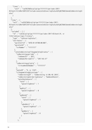   "links" : {
  "self" : "/udl%C3%A5n/pligtige/11111111/perioder/2017-
03/konti/K.%20nr%201234?include=senesteIndleveringStatus%2Cg%C3%A6ldendeIndberetningSt
atus"
  }
  },
  "links" : {
  "self" : "/udl%C3%A5n/pligtige/11111111/perioder/2017-
03/konti/K.%20nr%201234?include=senesteIndleveringStatus%2Cg%C3%A6ldendeIndberetningSt
atus"
  },
  "included" : [ {
  "id" : "/udlån/pligtige/11111111/perioder/2017-03/konti/K. nr
1234/indleveringer/1/status",
  "type" : "indleveringStatus",
  "attributes" : {
  "oprettetTid" : "2018-01-01T00:00:00Z",
  "oprettetAf" : {
  "cvrNummer" : "11111111"
  },
  "renteIndberetningTilbagemeldingStruktur" : {
  "indberetningsperiode" : {
  "indkomstÅr" : 2017,
  "indkomstPeriodeTil" : "2017-03-31"
  },
  "indberetningspligtig" : {
  "virksomhedSENummer" : "11111111"
  },
  "kontoID" : "K. nr 1234",
  "tilbagemeldingOplysninger" : {
  "indberetningID" : "Indberetning id XML-NS 2016",
  "indberetningValideringStatus" : "GodkendtKonto",
  "antalKontohavere" : {
  "total" : {
  "optællingAntal" : 1
  },
  "medFejl" : {
  "optællingAntal" : 0
  },
  "godkendt" : {
  "total" : {
  "optællingAntal" : 1
  },
  "udenAdvis" : {
  "optællingAntal" : 1
  },
  "medAdvis" : {
  "optællingAntal" : 0
  }
  }
  },
32
 